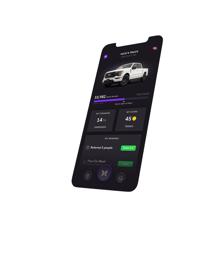 AVVA mobile app home screen dashboard highlighting rewards and mileage